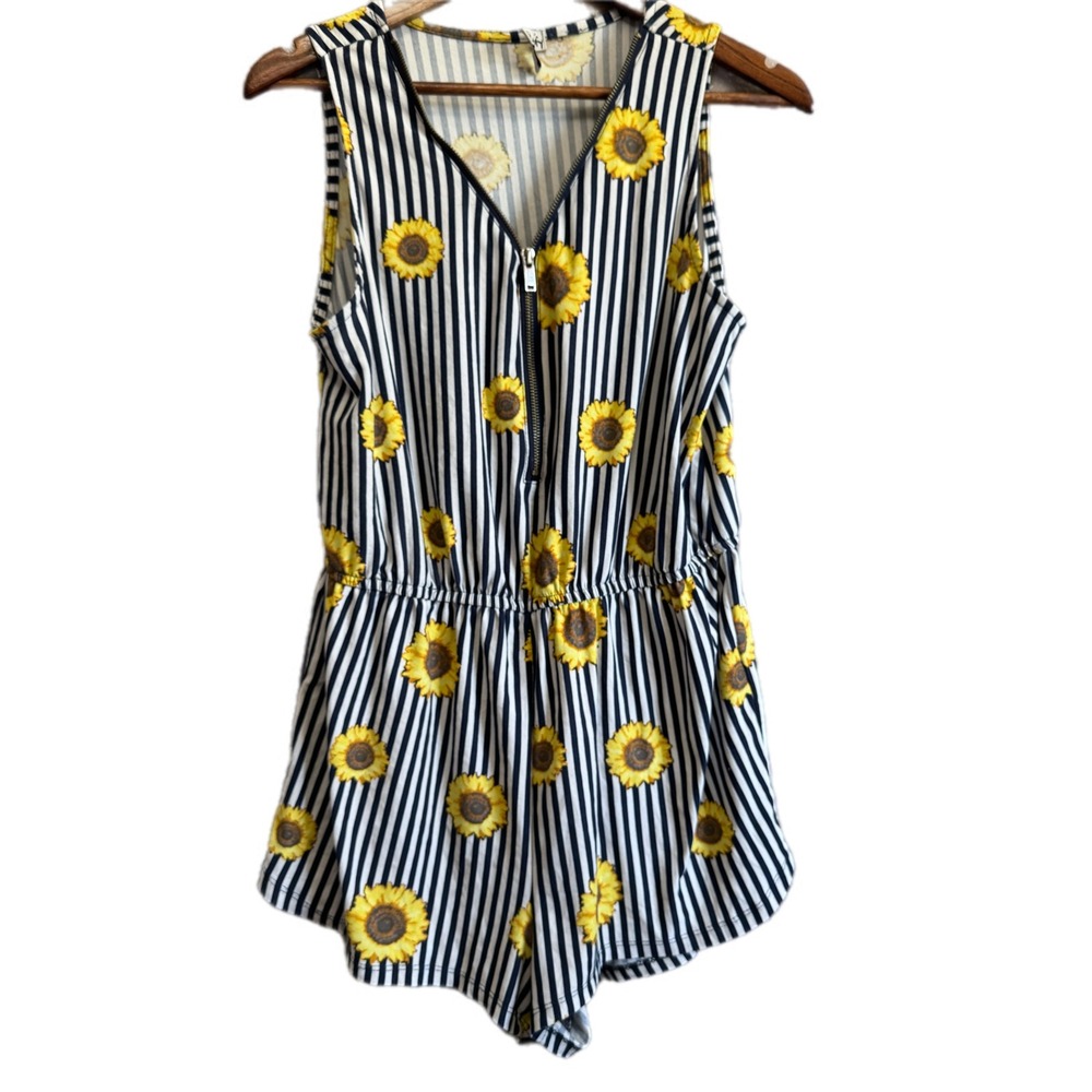Unbranded Sunflower Striped Romper Women Size Medium Navy White Excellent Zip Up